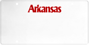USA license plate Arkansas red text