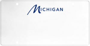 USA license plate Michigan blue text