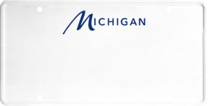 USA license plate Michigan blue text