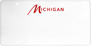USA license plate Michigan red text