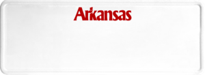 USA license plate Arkansas red text