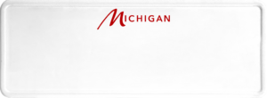 USA license plate Michigan red text
